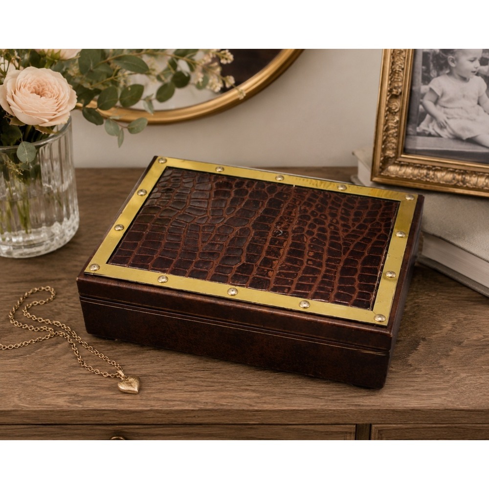 Vtg Prince Gardener Jewlery Box Brown Brass Trim Two Tier Valet Organizer